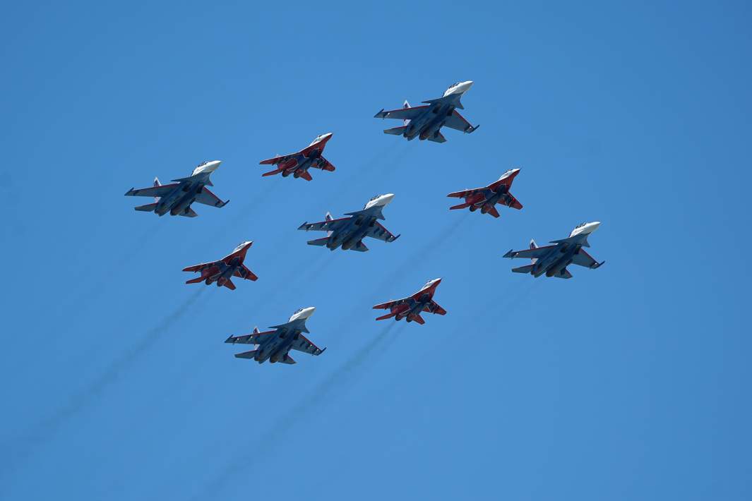 Formation of the “Cuban Diamond” from MiG-29 and Su-30SM fighters of the “Russian Knights” and “Swifts” aerobatic teams at the dress rehearsal of the aerial part of the military parade in honor of the 79th anniversary of Victory in the Great Patriotic War