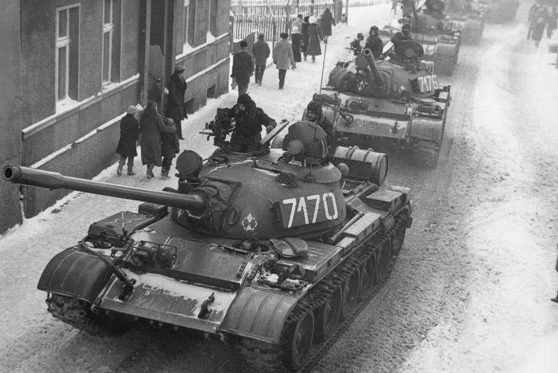 Soviet T-55 tanks in Poland during the 1981 martial-law crisis.