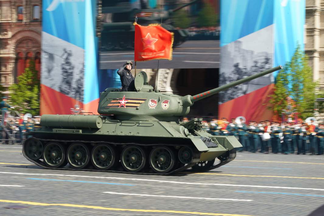 T-34-85 tank at the final rehearsal of the military parade on Red Square in honor of the 79th anniversary of Victory in the Great Patriotic War