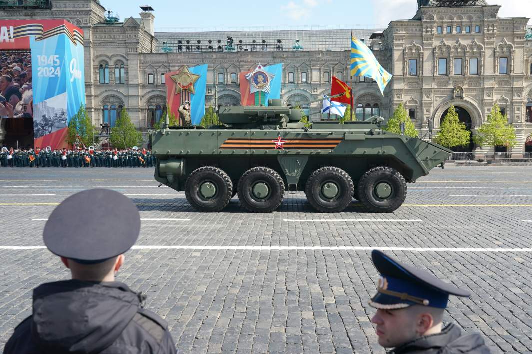 Armored personnel carrier Boomerang at the final rehearsal of the military parade on Red Square in honor of the 79th anniversary of Victory in the Great Patriotic War