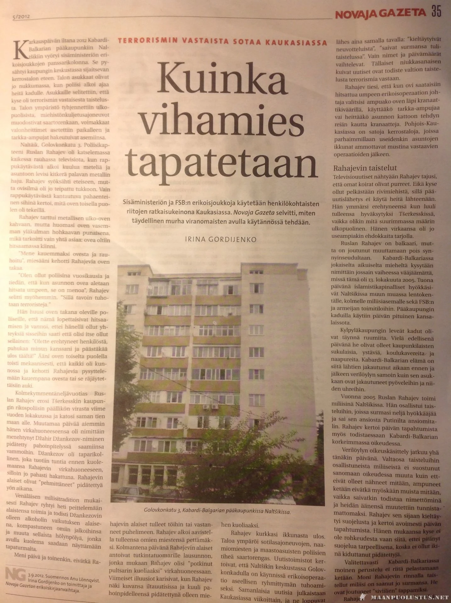 Novaja Gazeta: Kuinka vihamies tapatetaan (sivu 1)
