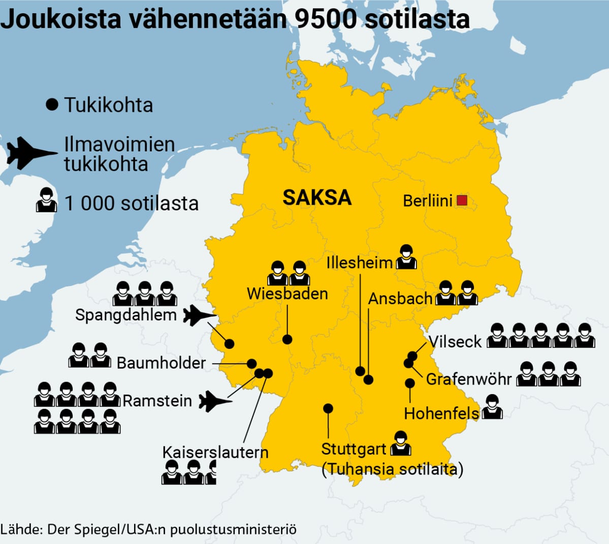 Infokartta yhdysvaltain tukikohdista Saksassa.
