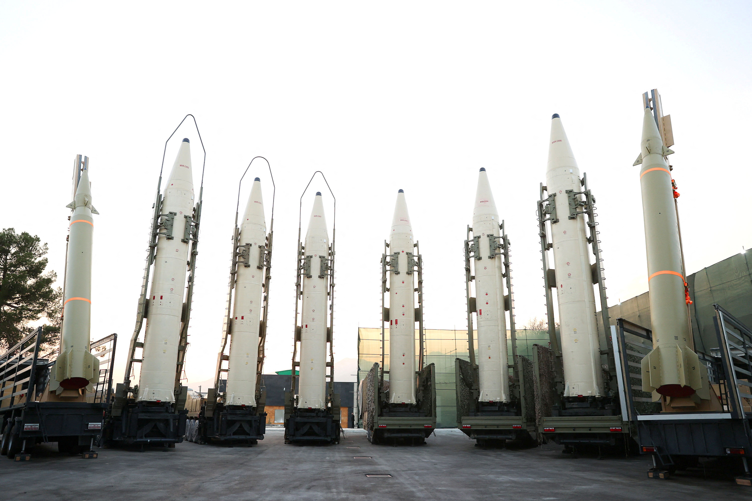 Iranian ballistic missiles are displayed during the ceremony of joining the Armed Forces, in Tehran