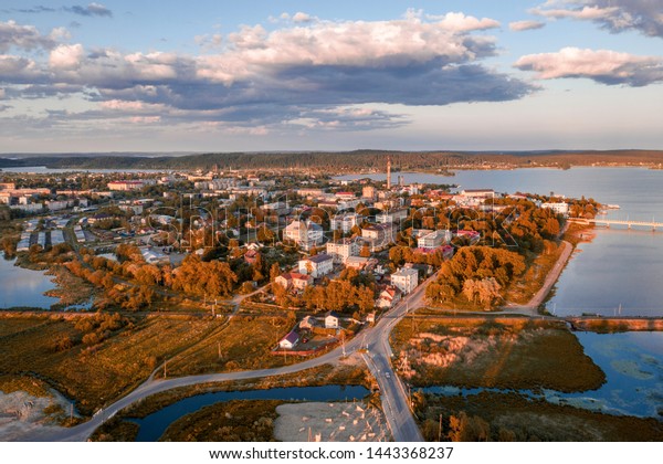 Scenic aerial view of small ancient touristic town Sortavala near Ladoga lake in Karelia. Beautiful summer sunny look of popular historic city on the North of Russian Federation
