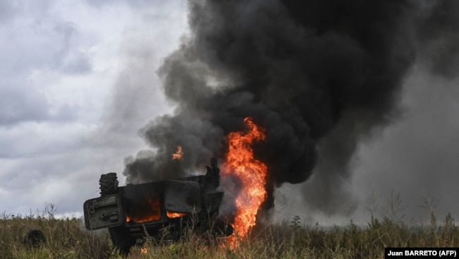 A Russian motolyga destroyed during the Ukrainian offensive in the Kharkiv region, September 2022