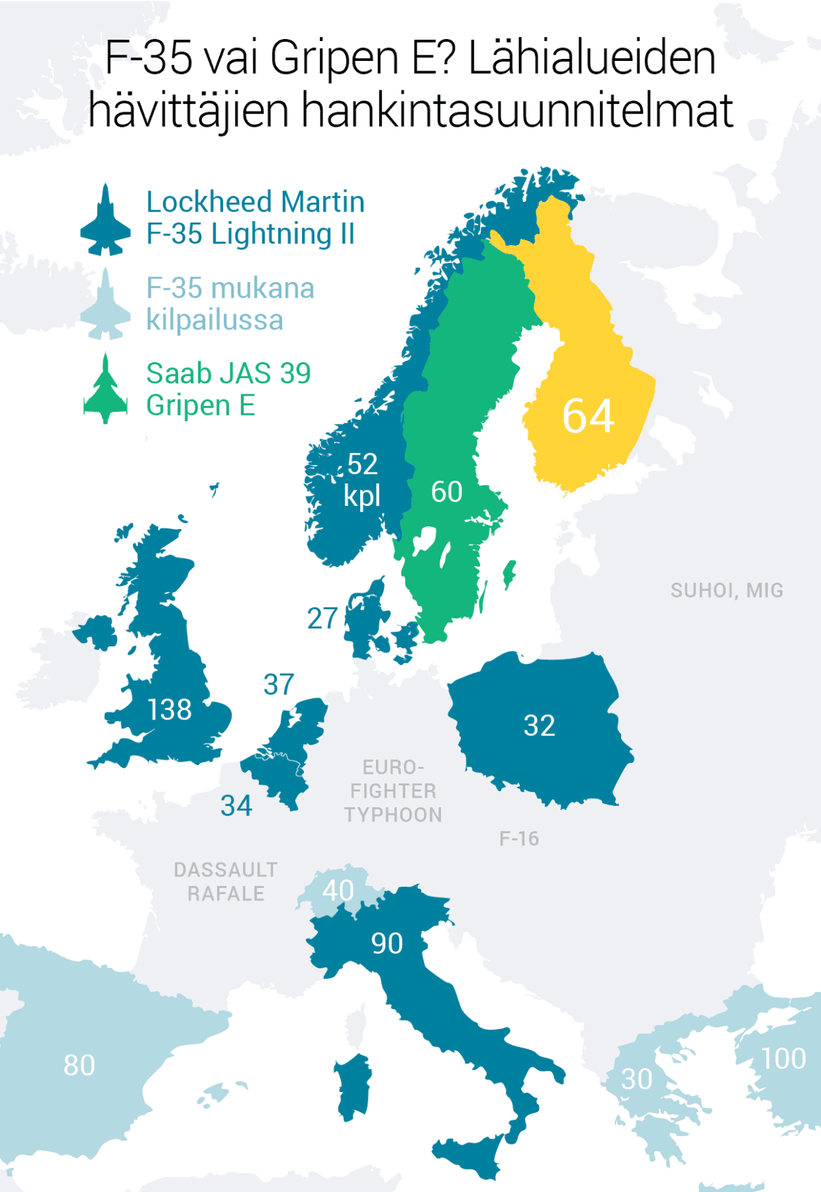 F-35 vai Gripen E? Lähialueiden hävittäjien hankintasuunnitelmat.