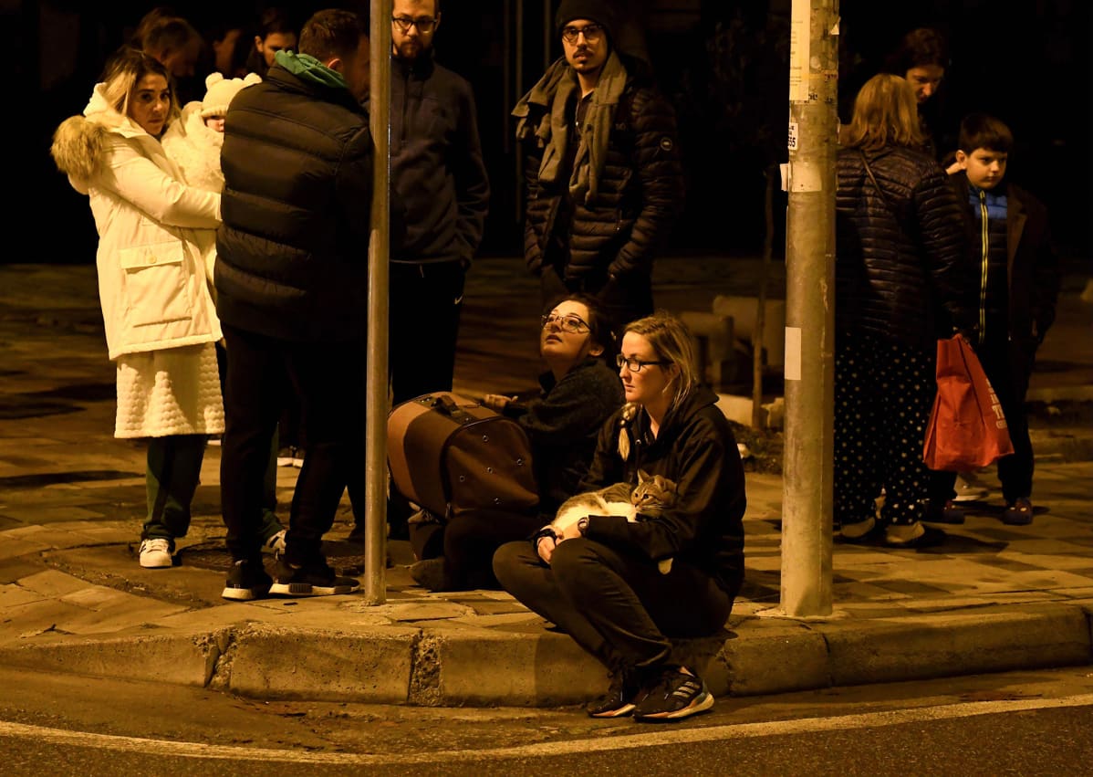 Residents gather outdoors in Tirana after two earthquakes above 6.3 magnitude struck the Adriatic coastline of Albania on November 26, 2019.