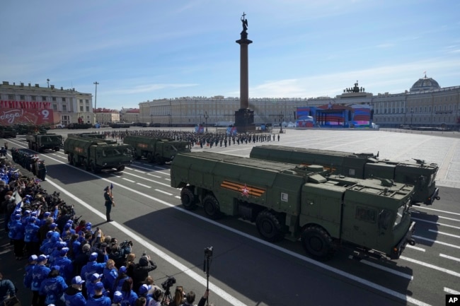 Iskander missile launchers at a military parade in St. Petersburg, May 9, 2023