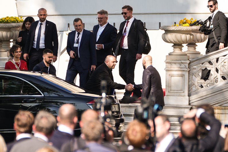 Representatives of the Ukrainian negotiating team led by Defense Minister Rustam Umerov (center) leave the Ciragan Palace for a trilateral meeting with the Russians mediated by Turkish partners in Istanbul