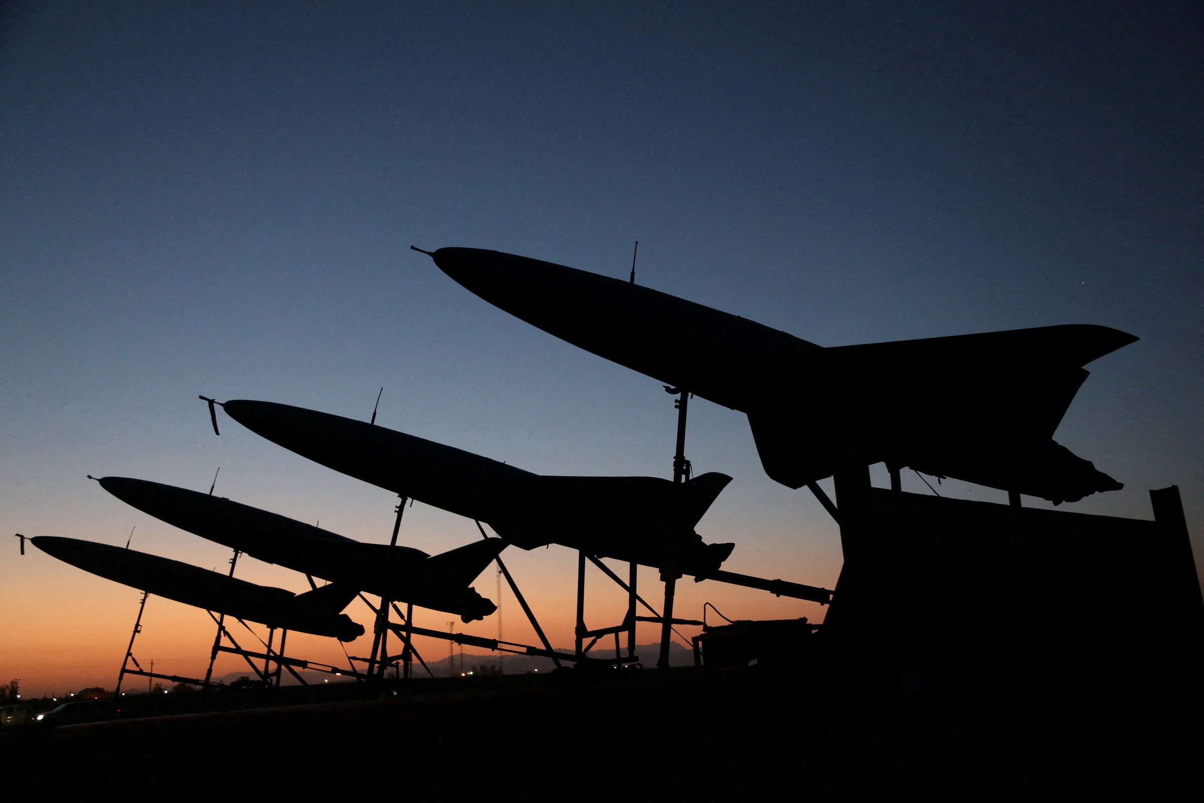 A view of drones during a military exercise in an undisclosed location in Iran