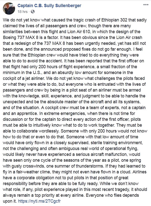 Sullenberger addressed the design of the Boeing 737-8 MAX and the 'absurdly low' number of flight hours that the first officer of the doomed plane had under his belt