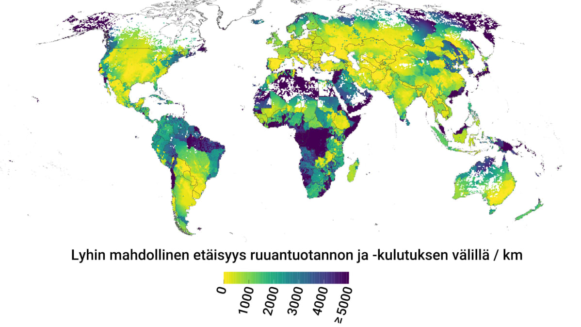 Lyhin mahdollinen etäisyys ruuantuotannon ja -kulutuksen välillä, Maailmankartta