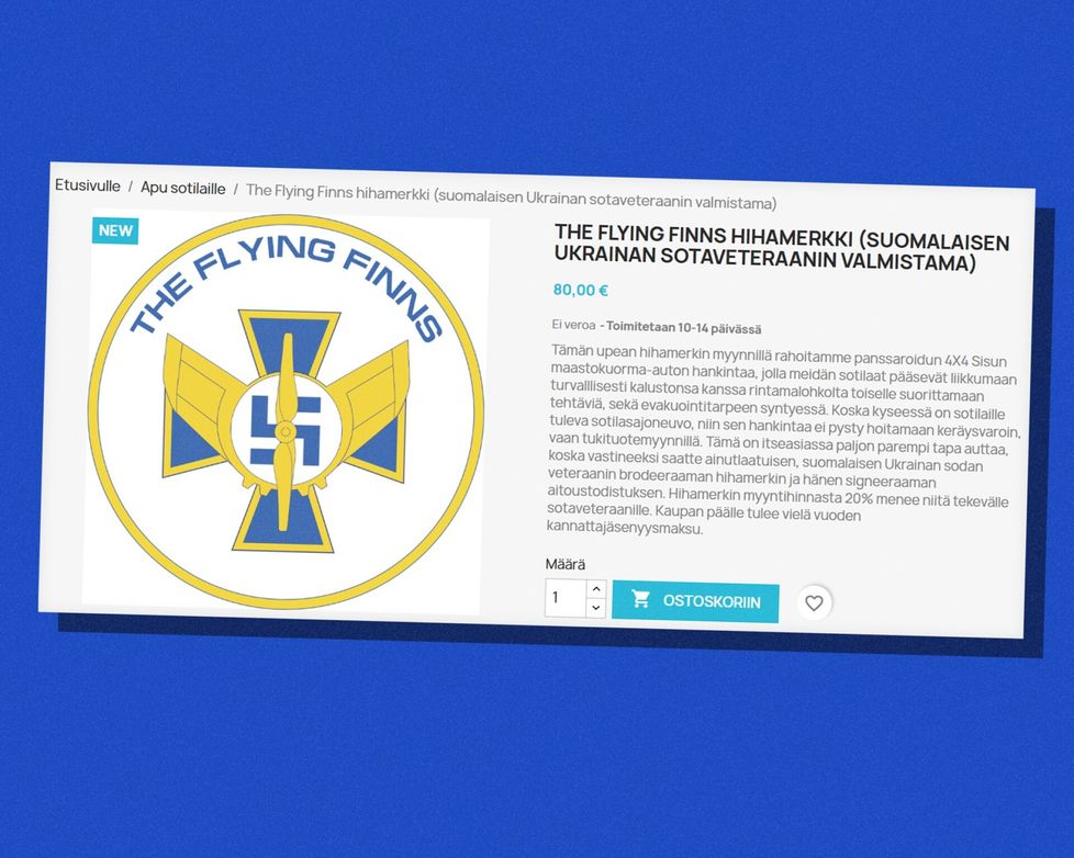 Flying Finns -hihamerkkiä myydään Suomi-Ukraina Maanpuolustusyhdistyksen verkkosivulla.