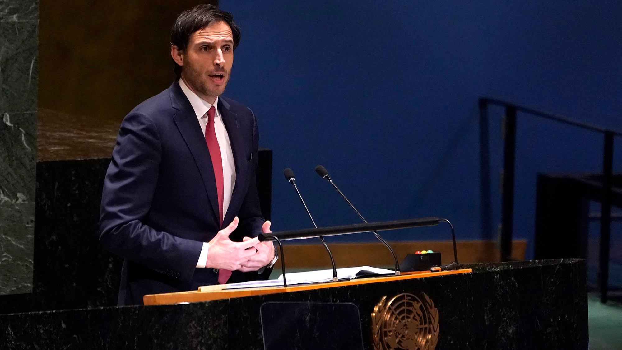 Dutch Foreign Minister Wopke Hoekstra speaks during the Eleventh Emergency Special Session of the General Assembly on Ukraine, at UN headquarters in New York City on February 23.