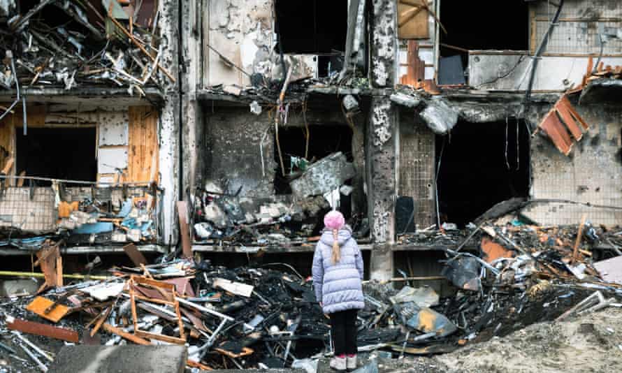 A heavily damaged apartment complex in Kyiv.