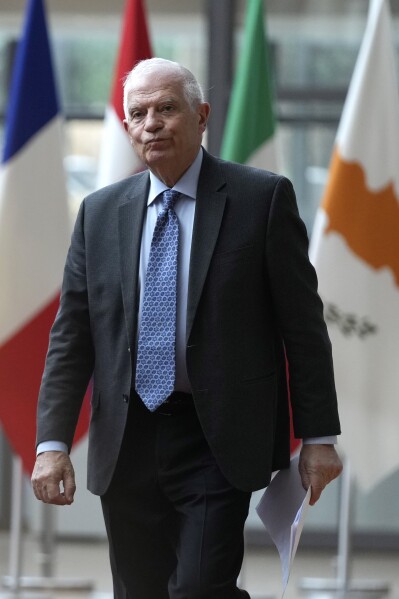 European Union foreign policy chief Josep Borrell arrives for a meeting of EU foreign ministers at the European Council building in Brussels, Monday, March 18, 2024. European Union foreign ministers on monday will discuss Russia's aggression against Ukraine, Belarus, and the situation in the Middle East. (AP Photo/Virginia Mayo)