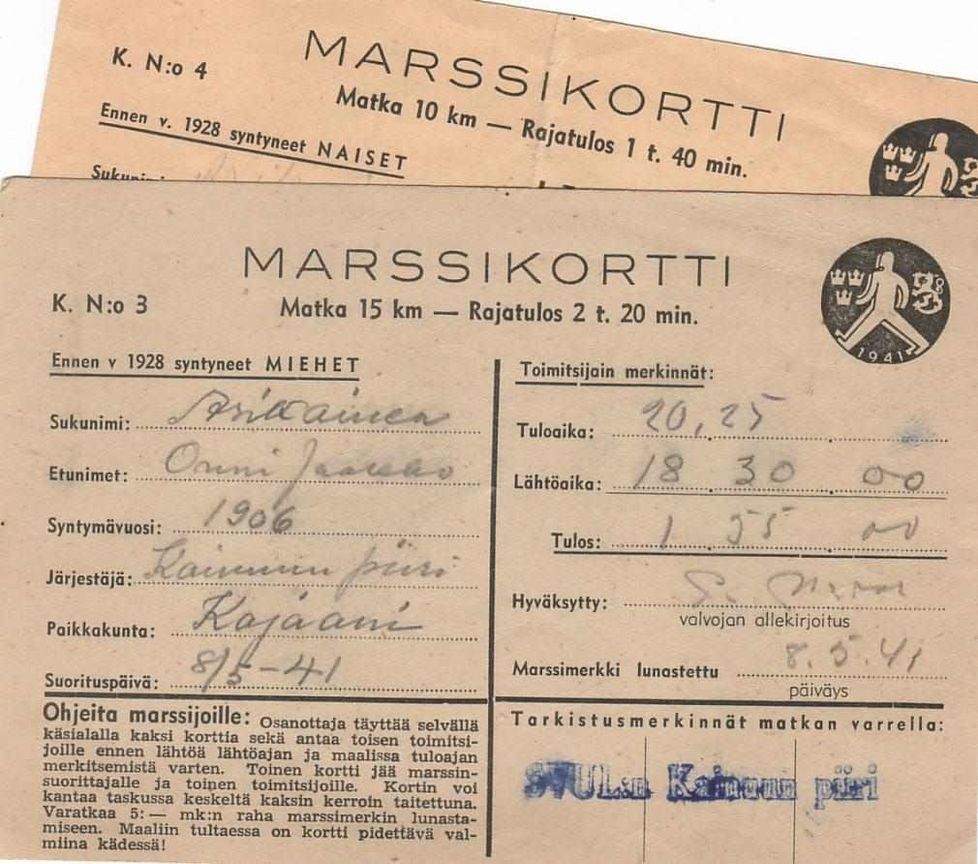 Maaottelumarssin kävelymatkat 10 ja 15 kilometriä piti suorittaa tavoiteajassa, jotta tulos hyväksyttiin.