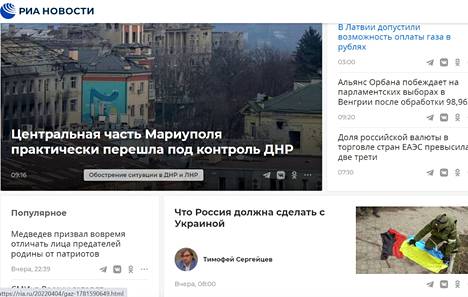 Kuvakaappaus Ria Novostin etusivulta, jossa komeilee kolumniteksti ”Mitä Venäjän tulisi tehdä Ukrainan kanssa”. Sivuille ei EU:sta käsin pääse ilman VPN-palvelinta. 