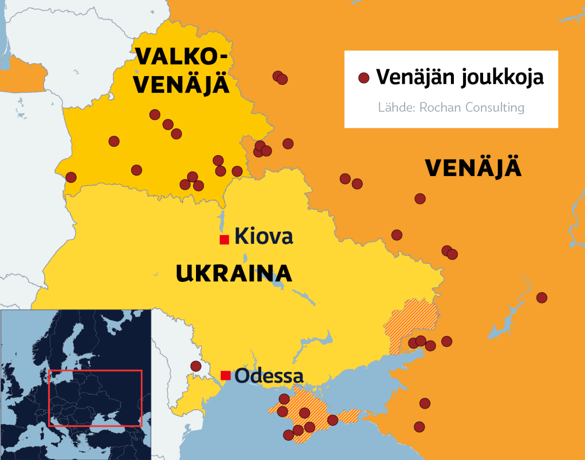 Kartalla Venäjän joukkojen sijainnit Valko-Venäjällä ja Ukrainan ympärillä.