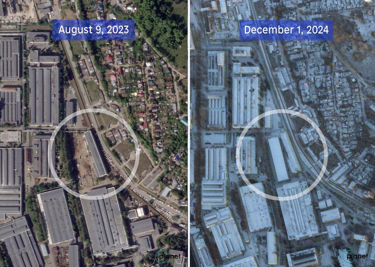 Satellite imagery of the biggest site for the new Votkinsk missile plant's shop in 2023 and 2024.