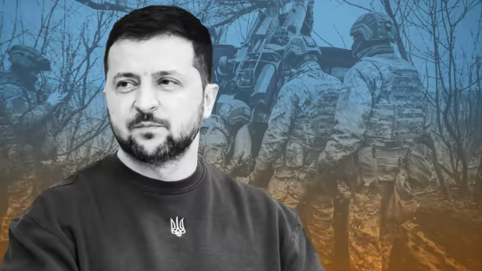 Montage of Ukrainian soldiers and president Volodymyr Zelenskyy 