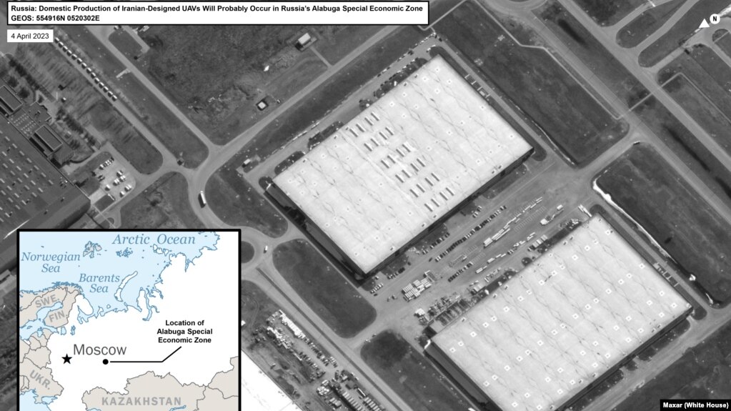 This satellite image shows the construction stages of the UAV factory in the Alabuga Special Economic Zone in Russia
