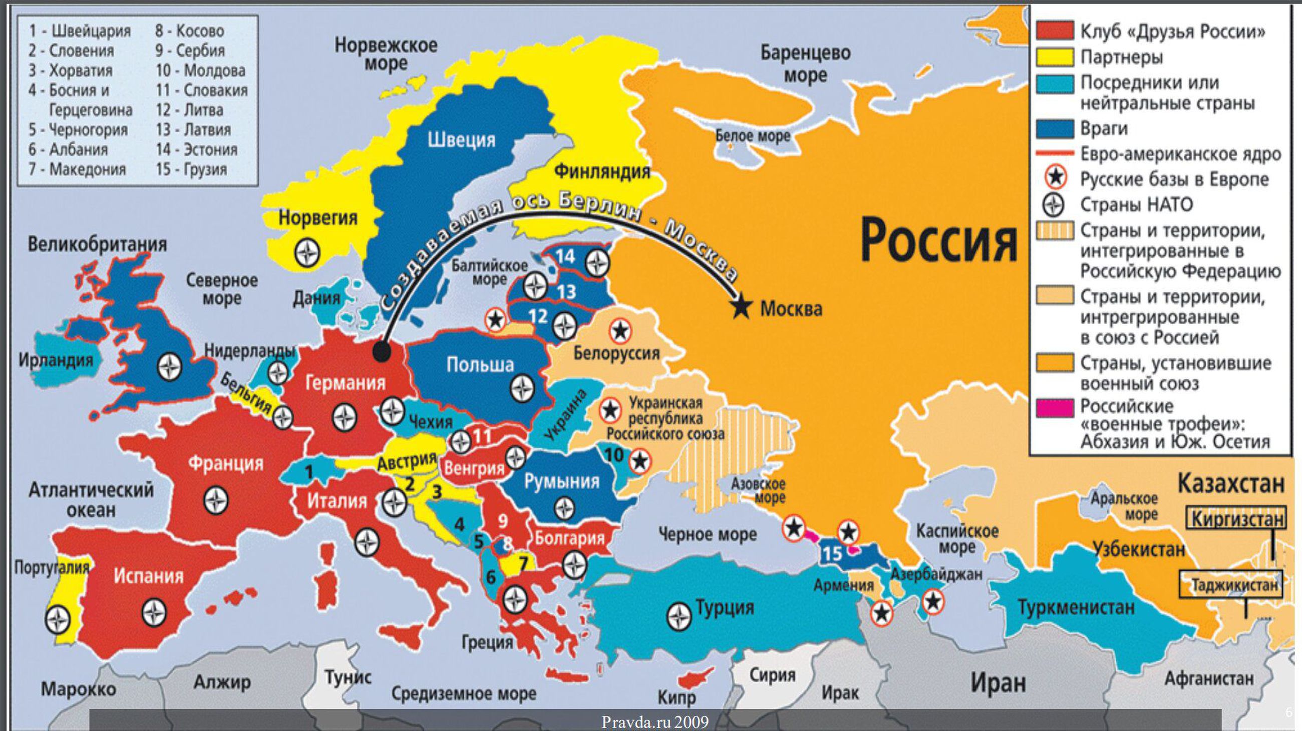 Propagandaa Venäjän mediasta, lue täysin omalla vastuulla! Venäläisessä tiedotusvälineessä vuonna 2009 julkaistu kartta edustaa pitkän linjan strategista ja geopoliittista ajattelua Putinin Venäjällä. Ukraina on palasteltu osiin. EU- ja Nato-maat on jaoteltu tarkoitushakuisesti ”vihollisiin”, ”kumppaneihin”, ”neutraaleihin” ja ”ystäviin”. Riidan kylväminen onkin ollut keskeinen osa Venäjän painostusta.