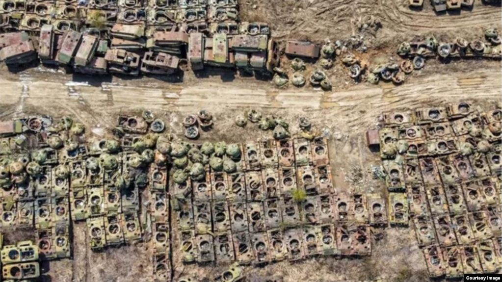 Half-disassembled military equipment at one of the Russian storage bases