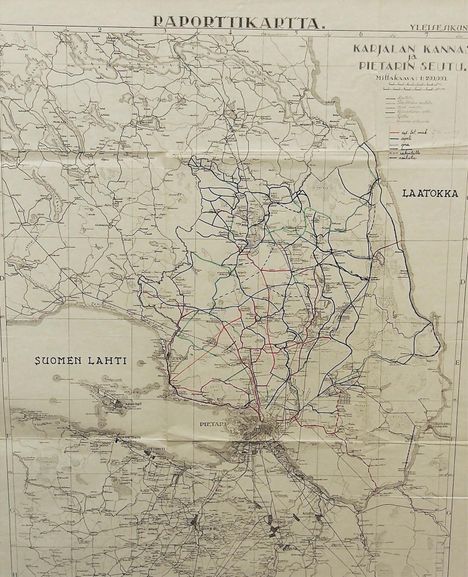 Yleisesikunnan tiedustelun laatima kartta Karjalankannaksesta, jossa on tietoja Neuvostoliiton puoleisten teiden laadusta.