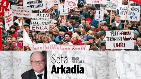 Työttömien suurmielenosoitus eduskuntatalon edessä marraskuussa 1993.