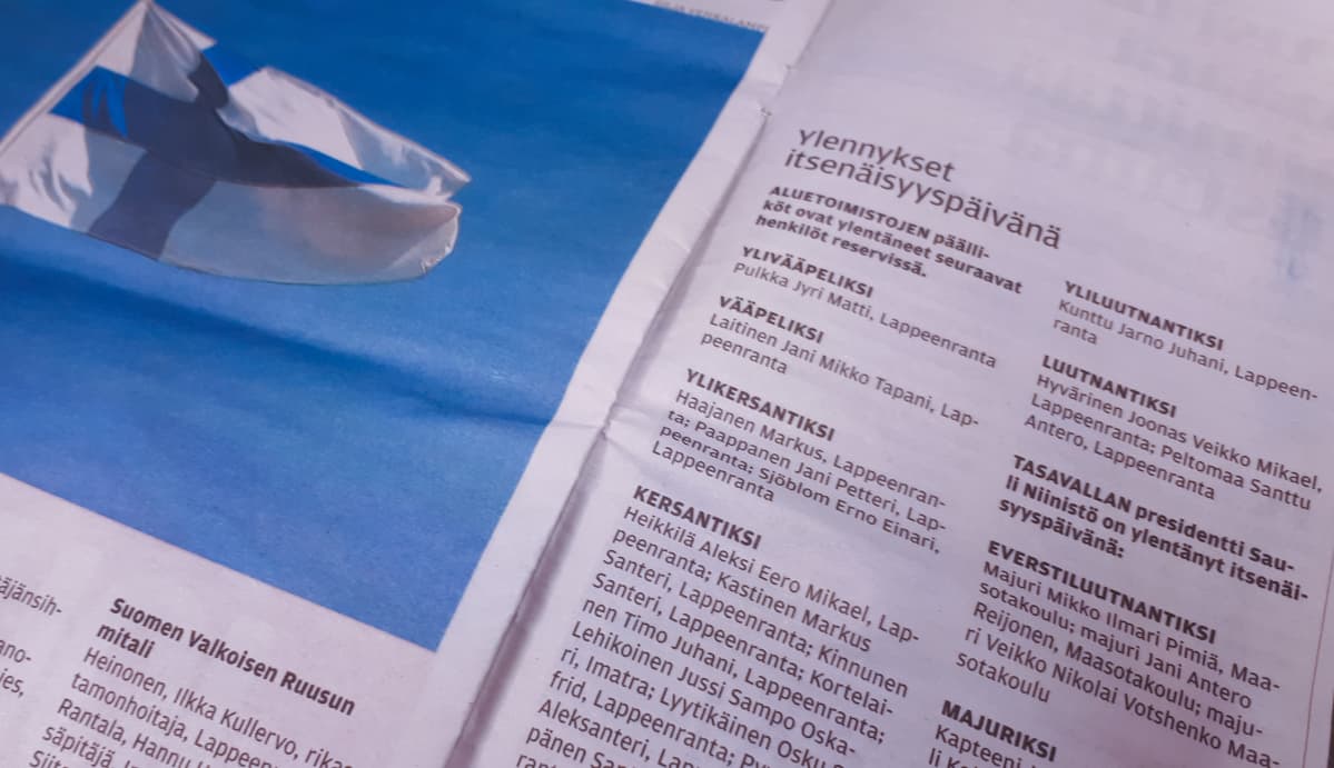Kuva sanomalehdessä olleesta ylennyslistasta