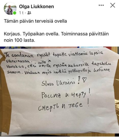 OIga Liukkonen jakoi sosiaalisessa mediassa kuvan lapusta, joka oli kiinnitetty venäjänkielisten yhdistysten kerhotilan oveen.