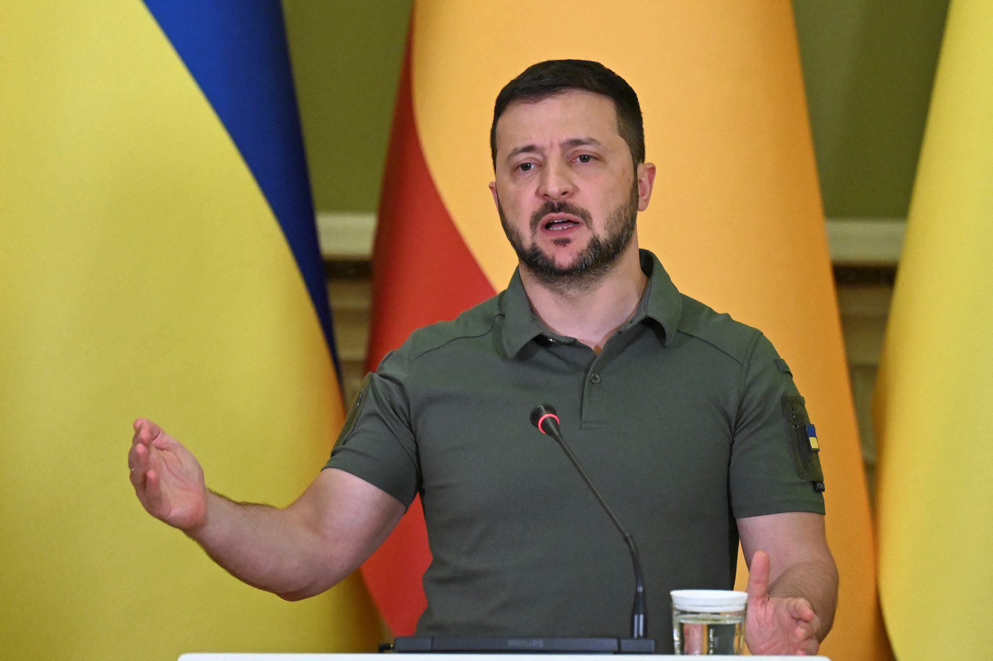 Zelensky attends a press conference in Kyiv on Saturday.
