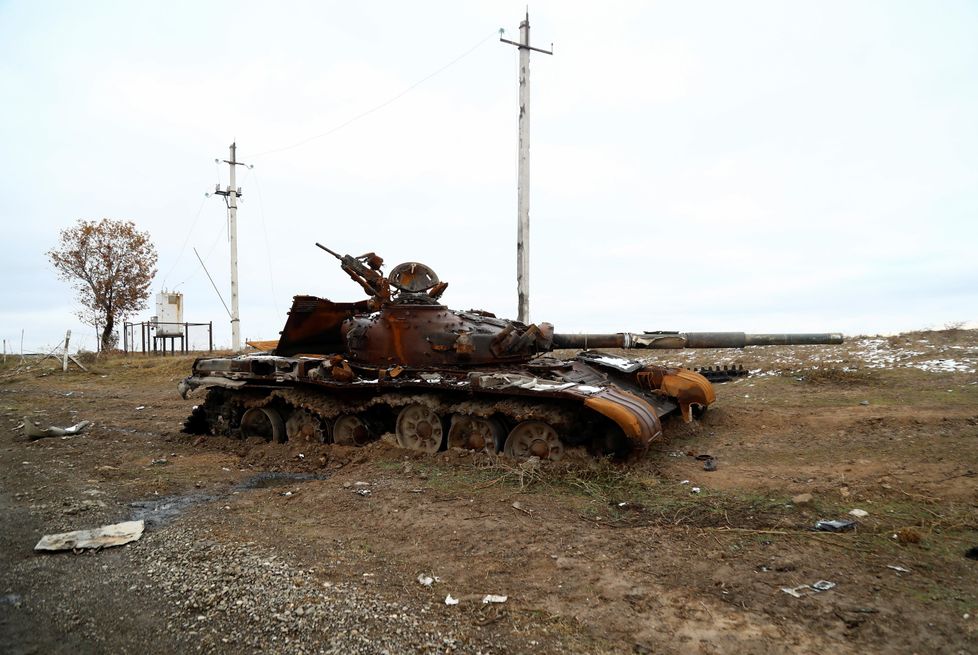 Armenian armeijan palanut panssarivaunu Azerbaidžanin puolella Jabrayilissa joulukuussa 2020, jolloin tulitaukosopimus oli juuri allekirjoitettu.