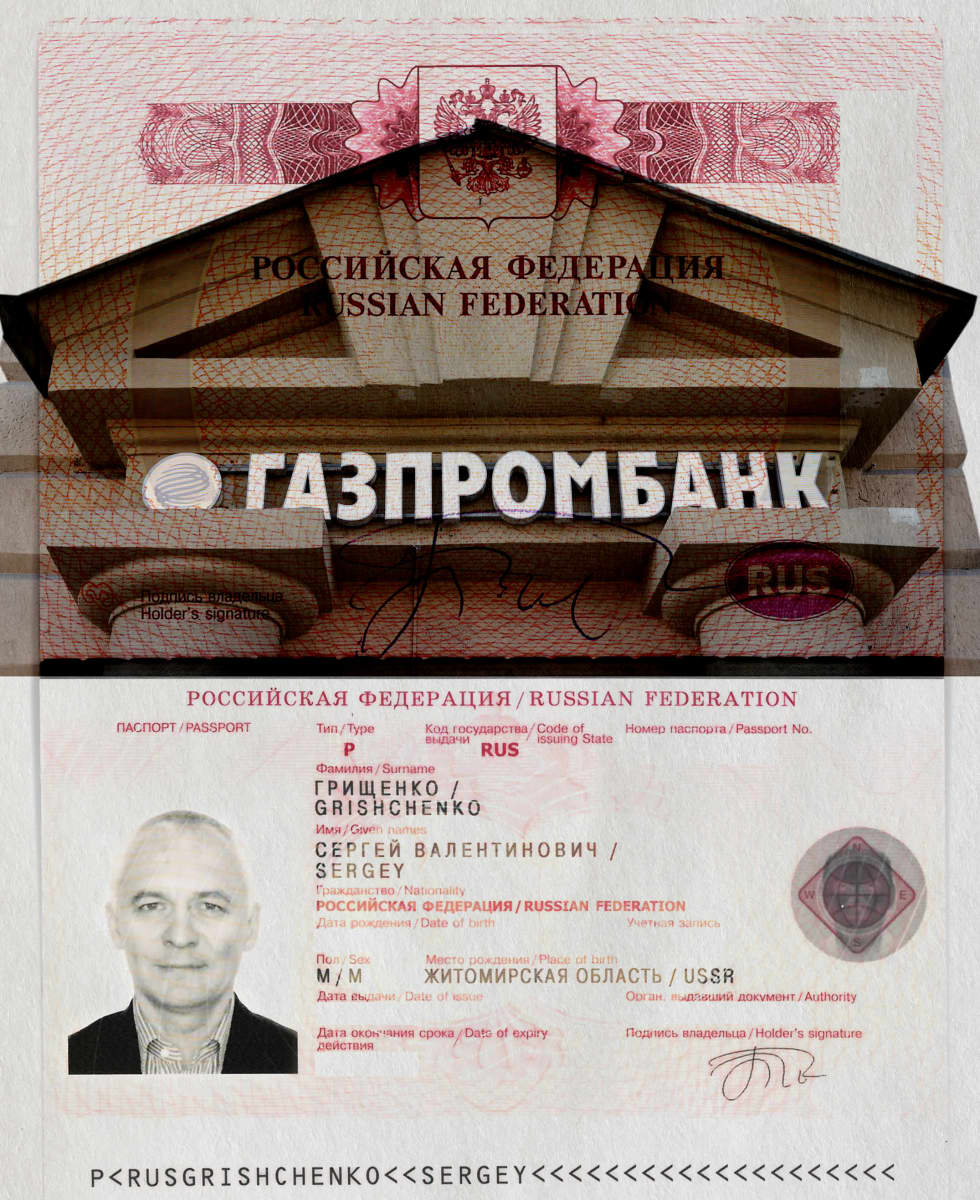 Kollaasikuvitus: Sergei Grishchenkon passi ja Gasprombankin pääkonttorin valokuva.