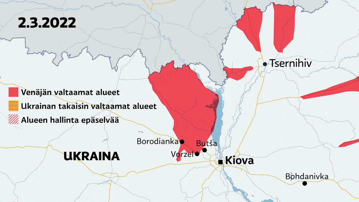Kartta-animaatio Kiovan ympäristön Venäjän valtaamista ja takaisin vallatuista alueista.