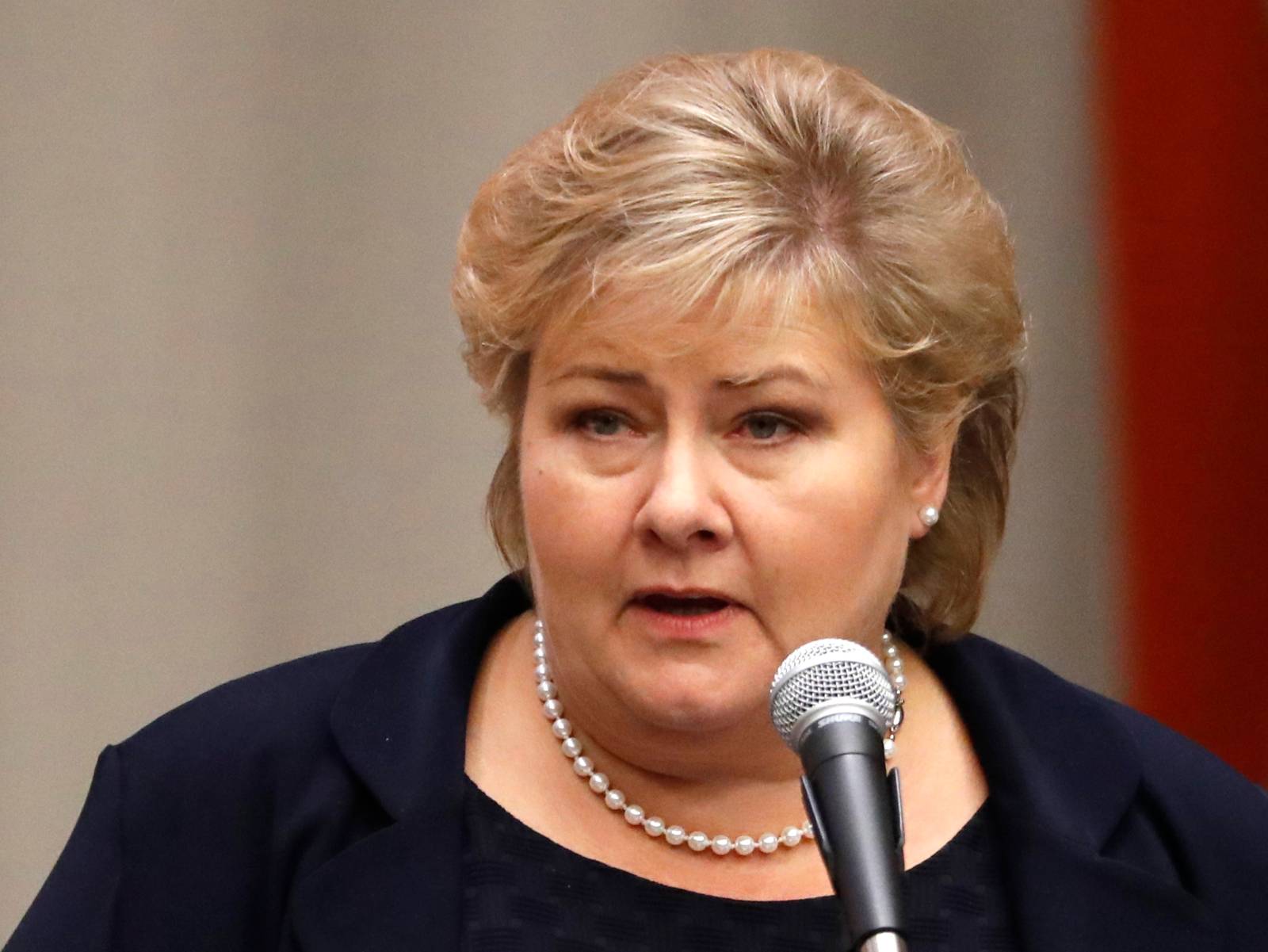 Prime Minister Erna Solberg of Norway speaks during a high-level meeting on addressing large movements of refugees and migrants at the United Nations General Assembly in New York on Sept. 19, 2016.