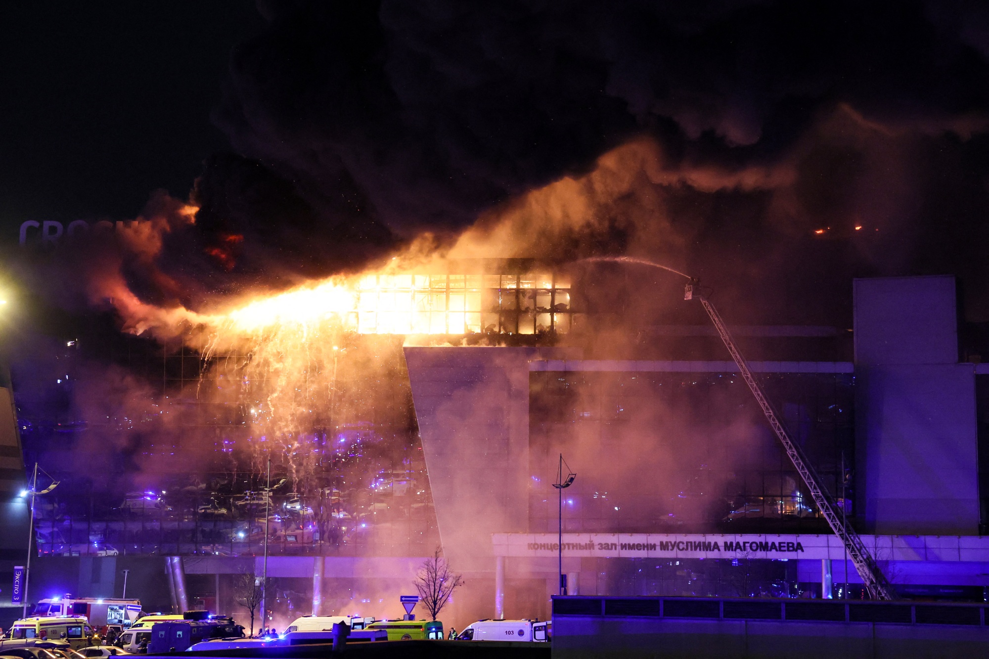 Emergency services tackle a blaze at Crocus City Hall in Moscow on March 22.