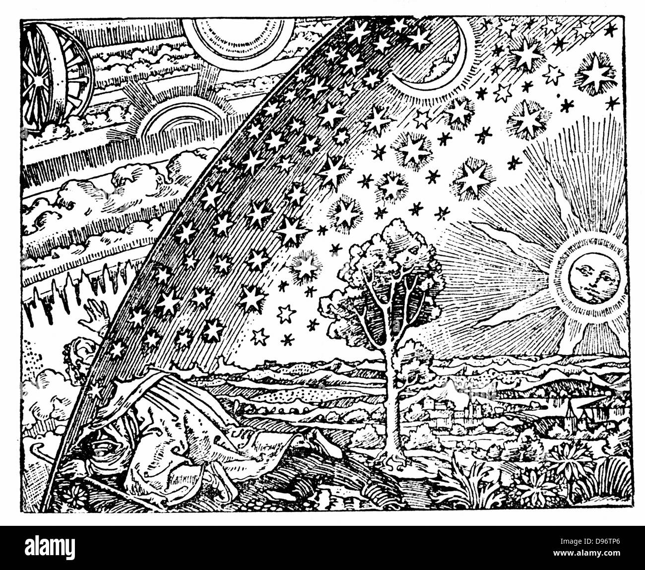 reconstruction-of-medieval-conception-of-the-universe-showing-a-flat-D96TP6.jpg