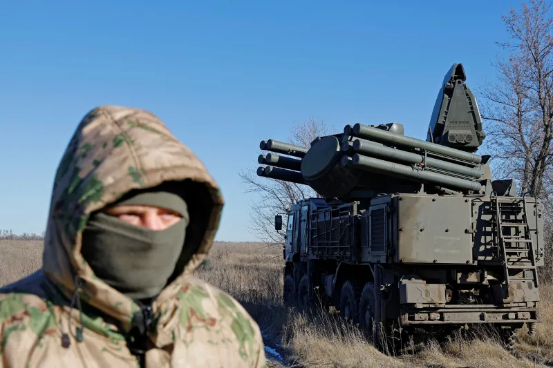 In front of a Russian antiaircraft missile system in the Luhansk region, Ukraine, January 2023