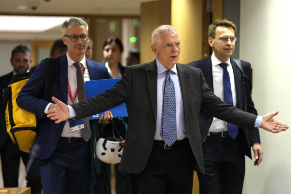 European Union foreign policy chief Josep Borrell arrives for a meeting of EU foreign ministers at the European Council building in Brussels, Monday, March 18, 2024. European Union foreign ministers on monday will discuss Russia's aggression against Ukraine, Belarus, and the situation in the Middle East. (AP Photo/Virginia Mayo)'s aggression against Ukraine, Belarus, and the situation in the Middle East. (AP Photo/Virginia Mayo)