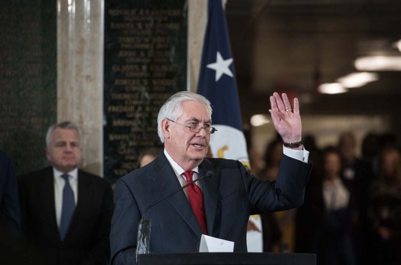 Outgoing U.S. Secretary of State Rex Tillerson gives a farewell address to State Department staff in Washington on March 22. (Nicholas Kamm/AFP/Getty Images)