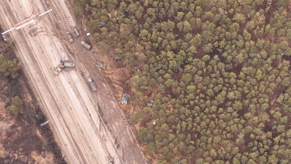 Russian military vehicles see in drone image taken by Andrii Pokrasa, 15, near Kyiv, Ukraine.