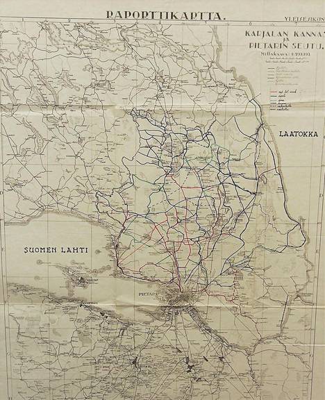 Yleisesikunnan tiedustelun laatima kartta Karjalankannaksesta, jossa on tietoja Neuvostoliiton puoleisten teiden laadusta.