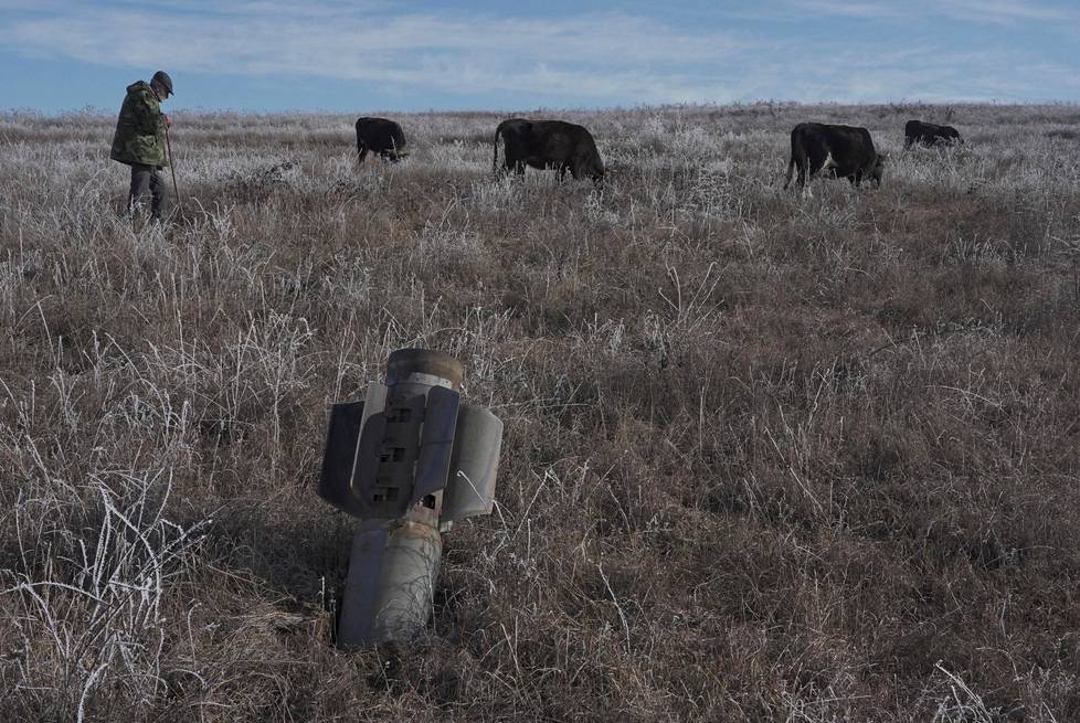 Mies paimensi lehmiään Stepanakertin lähellä Vuoristo-Karabahissa tammikuussa. Etualalla näkyvät sodan jäljet.
