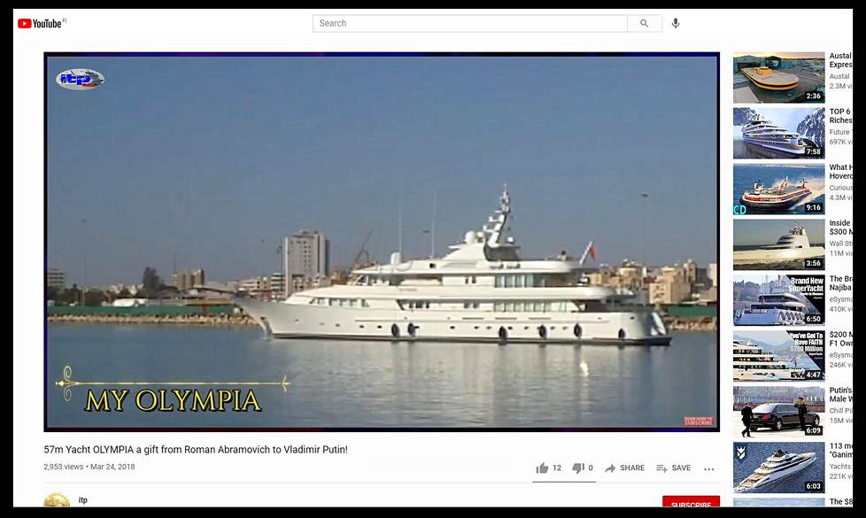 Kuvakaappaus videolta, joka esittelee Olympia-huvijahtia. Vahvistamattoman väitteen mukaan huvijahdin olisi lahjoittanut miljardööri Roman Abramovitš.