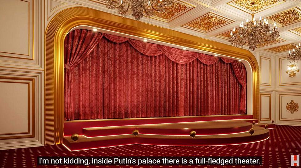 Putinin palatsista löytyvä teatteri. Kuva on luotu kuvankäsittelyllä työntekijöiden ottamien kuvien ja palatsin pohjapiirustusten perusteella.