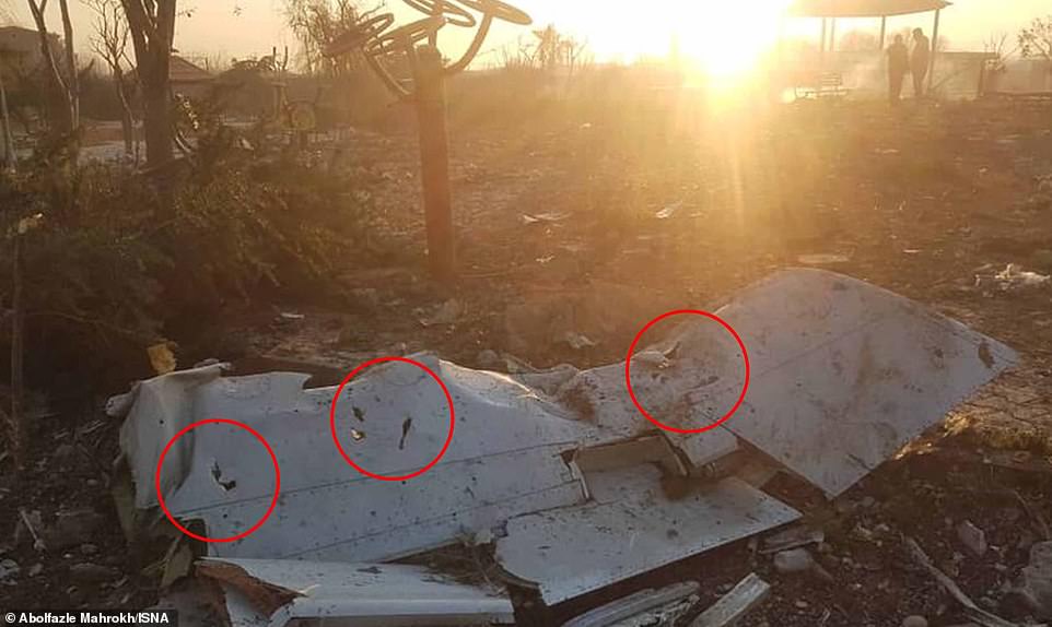 Pieces of debris are seen lying at the crash site in a picture released by an Iranian news agency today, showing what appeared to be holes in the fuselage of the Boeing aircraft