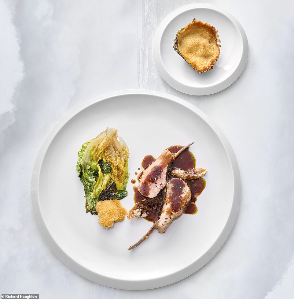 Lamb chops from Sisteron - 'the Pearl of Upper Provence'. These are served with a sauce made of shallots, confit lemon, black pepper and oyster juice that's been whipped with hay butter; plus lettuce with basil and seaweed
