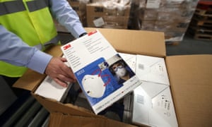A box of face masks at an NHS warehouse